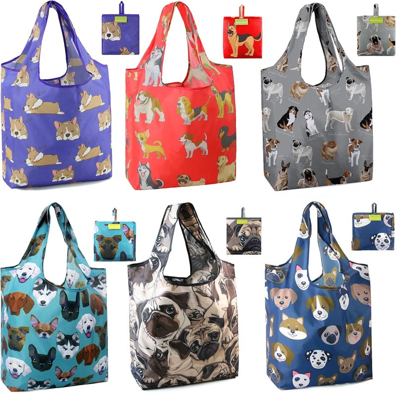 BeeGreen Cute Dog Cloth Gift Bags - Reusable Grocery Bag with Handles Foldable Washable 6 Pack - Extra Large Heavy Duty Tote Bag for Groceries (Bulk Holiday Packable Travel) - Shopping Bags for Women​ - Image 1